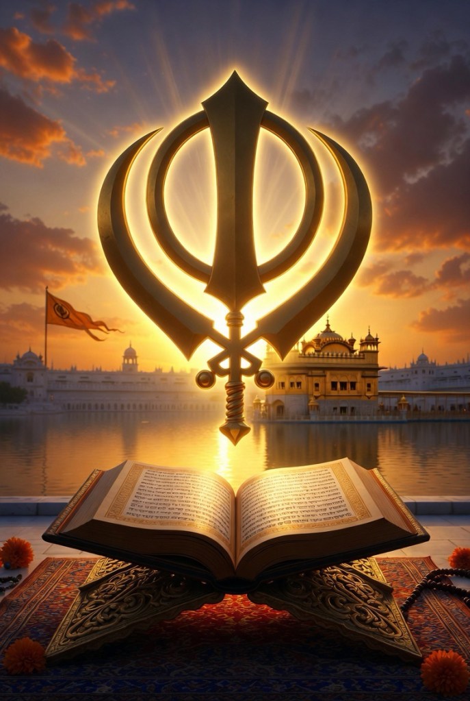 An open religious scripture on an ornate stand with a golden Sikh symbol illuminated behind it, set against a serene backdrop of a holy site at sunset.