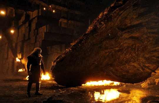 A dramatic scene featuring a figure standing before a massive dragon's head in a dark, fiery setting.
