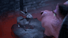 A comedic animated scene featuring a donkey and a dragon in a dimly lit environment.